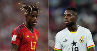 Nico Williams of Spain in action during the FIFA World Cup Qatar 2022 Group E match between Spain and Germany at Al Bayt Stadium on November 27, 2022 in Al Khor, Qatar. 