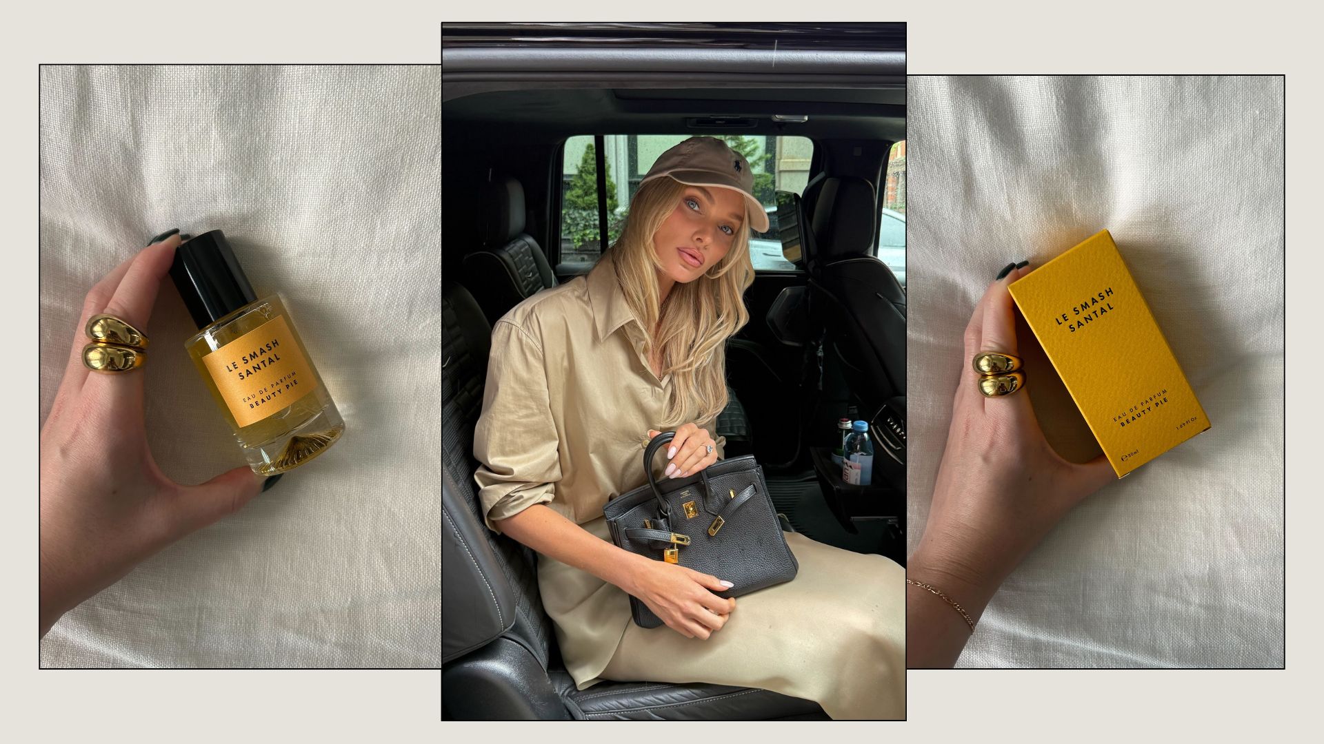 A picture of Elsa Hosk between two pictures of the Beauty Pie Le Smash Santal perfume