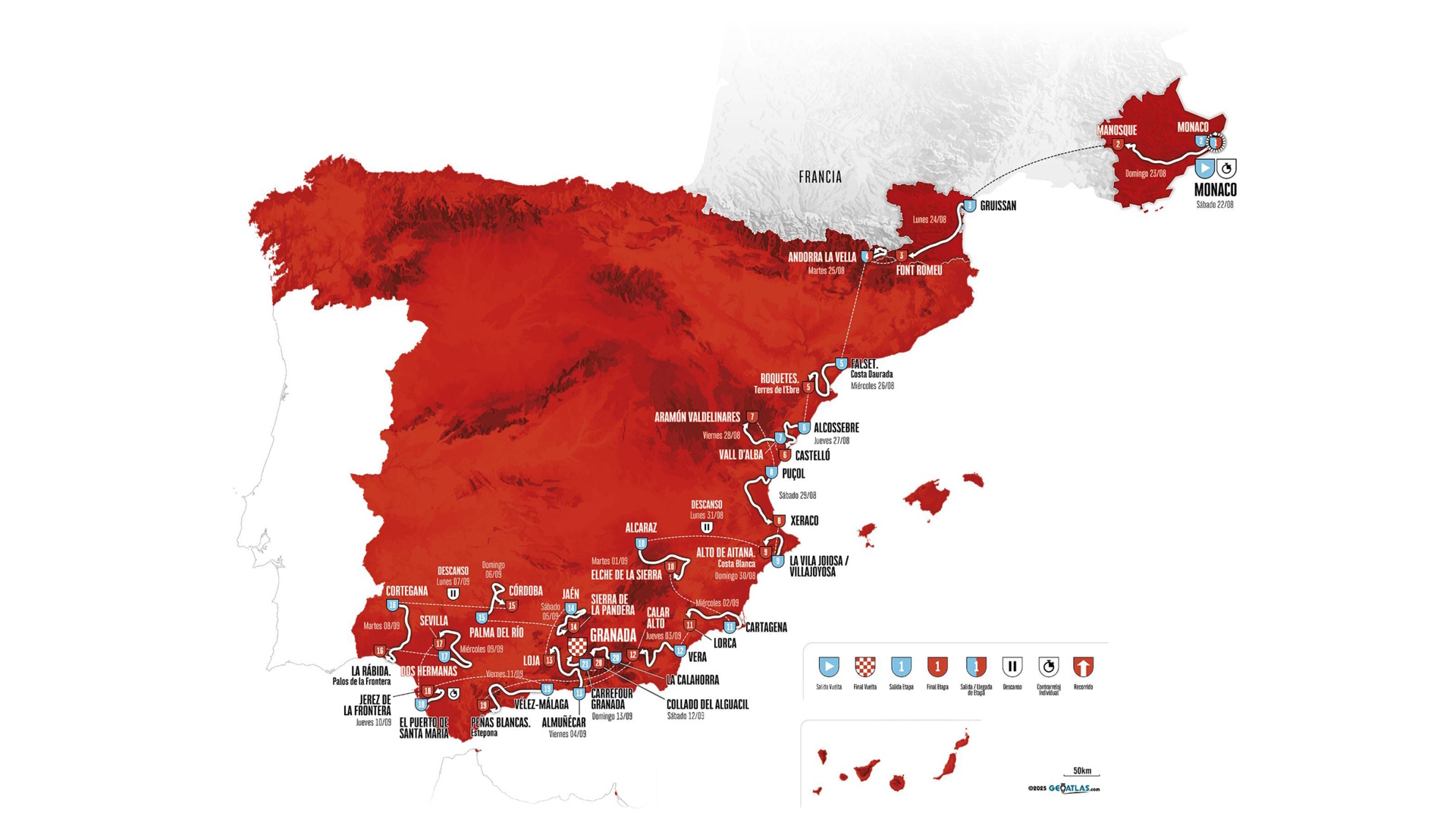 A map of Spain and France showing the route of the 2026 Vuelta a Espa&amp;ntilde;a.
