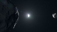 a cube-shaped spacecraft wrapped in foil floats past two irregularly shaped rocks covered in craters