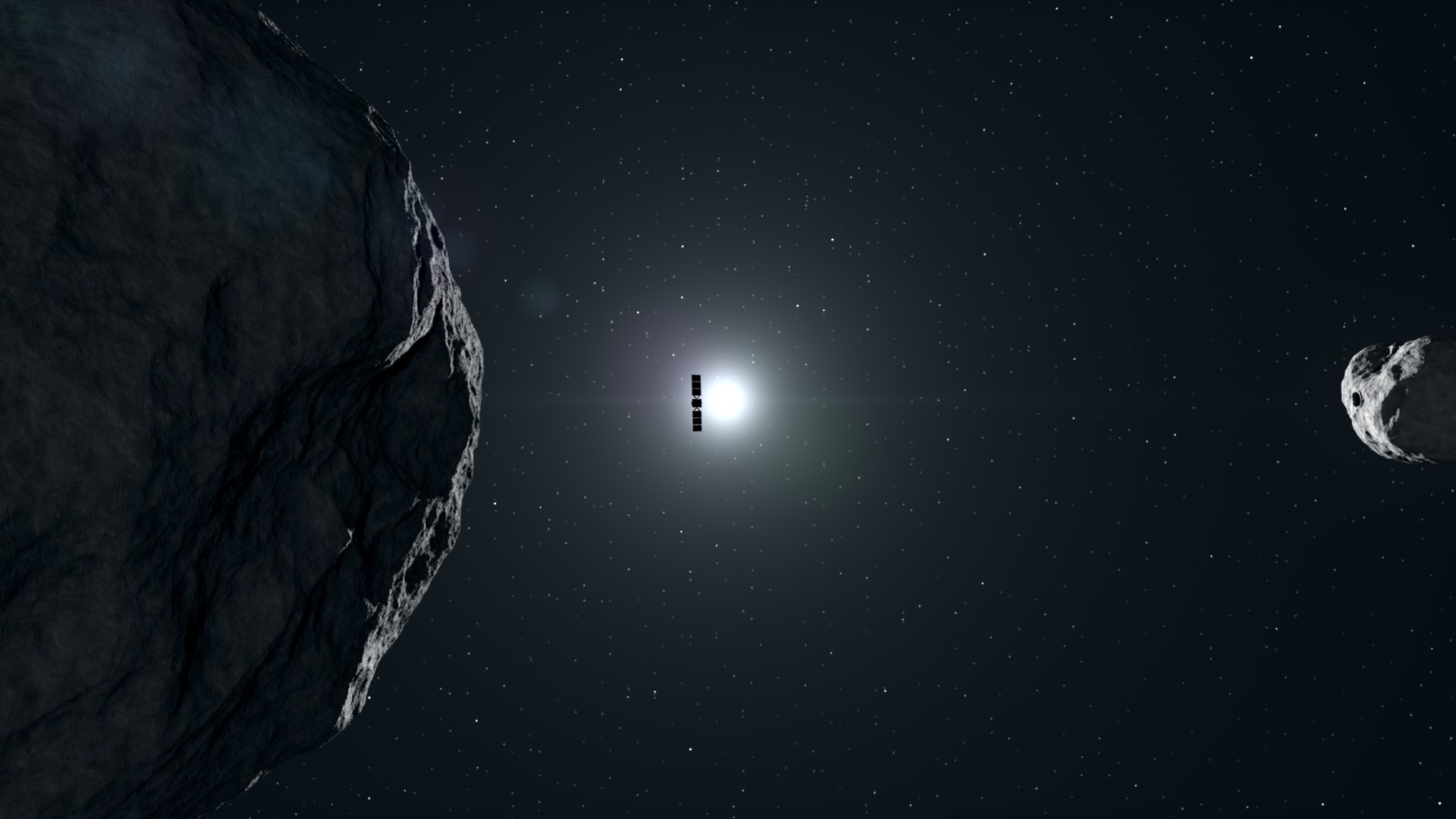 a cube-shaped spacecraft wrapped in foil floats past two irregularly shaped rocks covered in craters