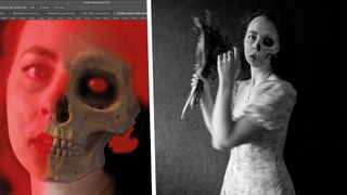 A black and white portrait of a woman with a skull showing as well as an editing screenshot from Adobe CC