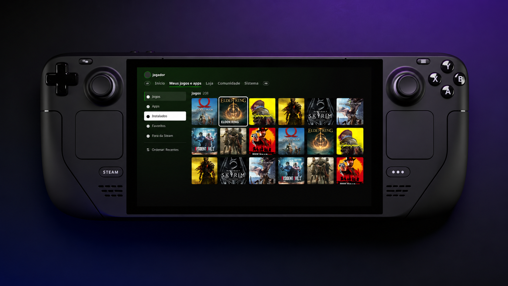 Steam Deck displaying the Xbox Series-style dashboard through the Decky Xbox Dashboard plugin, showing a library of games including Elden Ring, God of War, and Cyberpunk 2077.