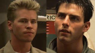 Close up stills of Iceman and Maverick in uniform as they tensely talk in Top Gun.