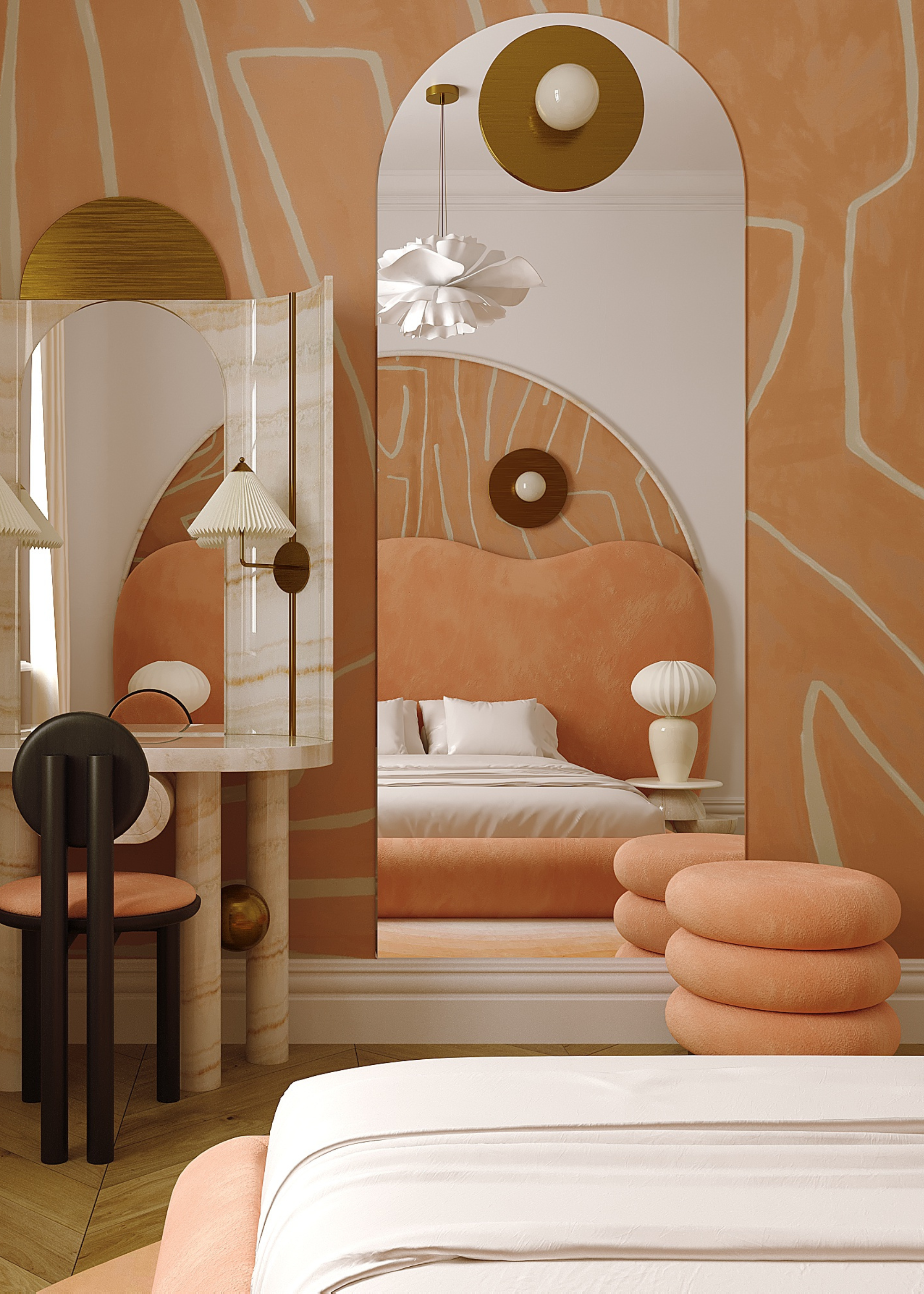 A cream and white bedroom with a domed mirror, a marble vanity, a stacked peachy chair and a white bed with an oversized headboard