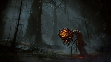 Official artwork for Shadow of the Erdtree depicting a large-headed creature in Abyssal Woods
