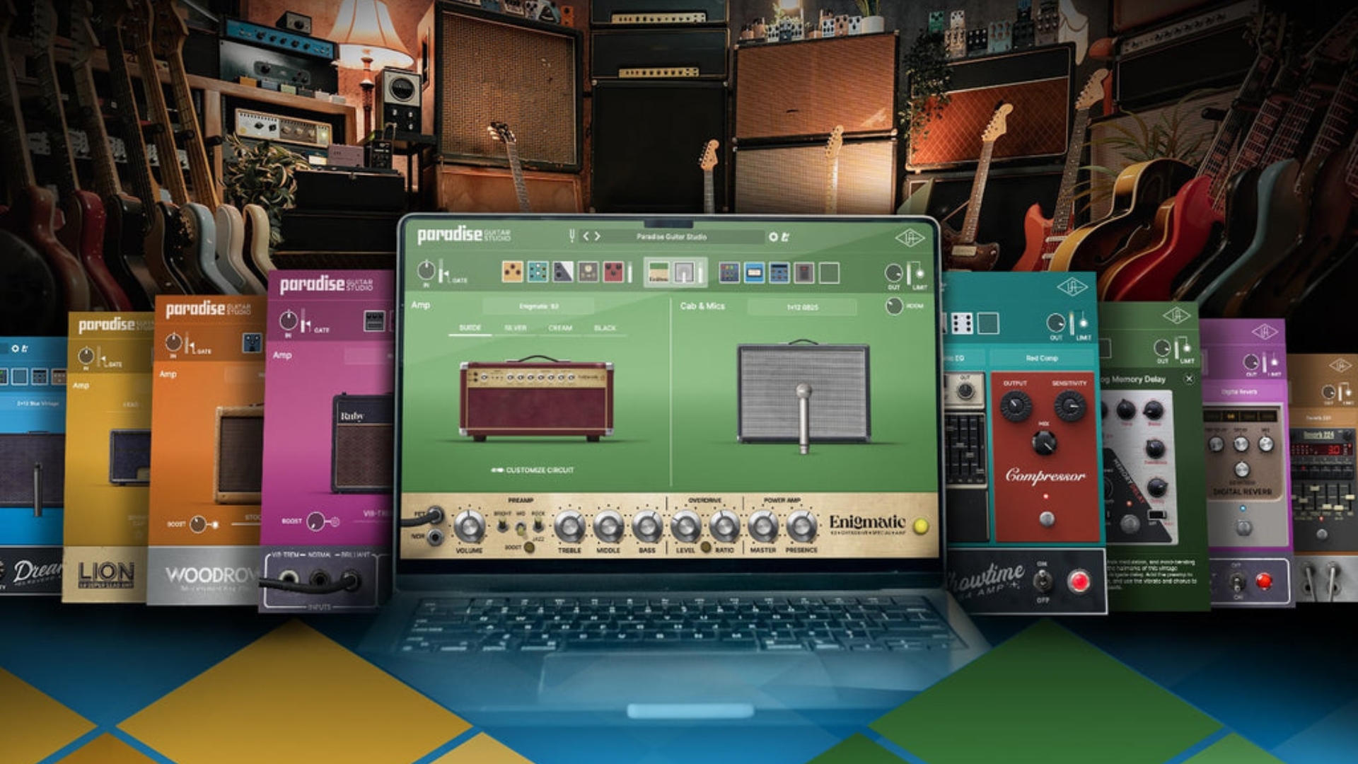 A promo image for the Universal Audio Paradise Guitar Studio plugin