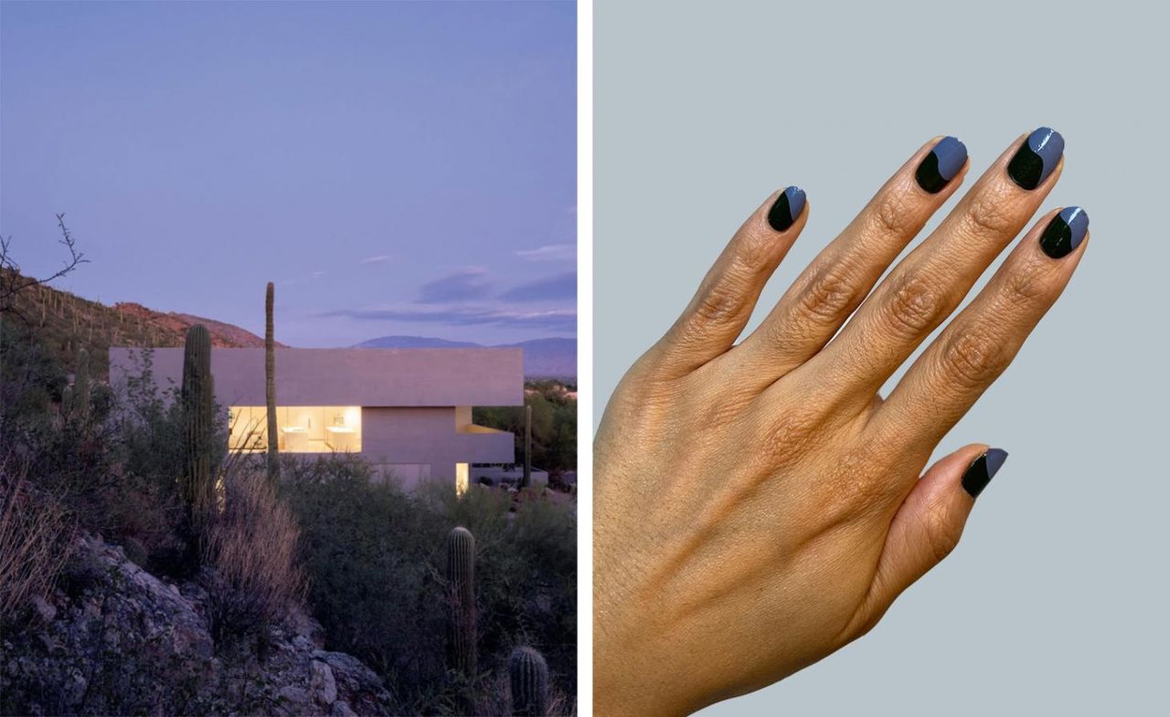 Two photos next to each other. The photo on the left is a three-bedroom house designed by HK Associates rendered in dark grey concrete, with overhangs, sheltered balconies and deep windows protecting it from the strong desert sunlight. The photo on the right is a hand with nail art in a dark grey and light grey style. 