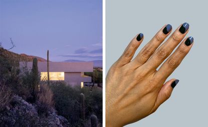 两张照片放在一起。左边的照片是由HK Associates设计的三居室住宅，采用深灰色混凝土，有悬挑，有遮蔽的阳台和深窗，保护它免受强烈的沙漠阳光的照射。右边的照片是深灰色和浅灰色风格的美甲手。
