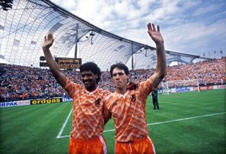 Netherlands pair Frank Rijkaard and Marco van Basten celebrate after winning Euro '88 after beating the Soviet Union in the final in Munich.