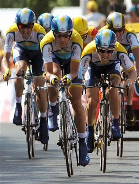 Team Astana, including Lance Armstrong (right), pushes to the finish.