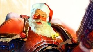 An image of a Warhammer 40k space marine, but with Santa's head.