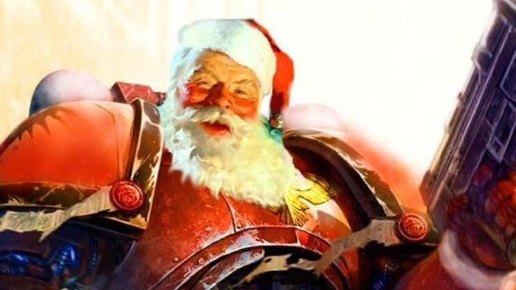 An image of a Warhammer 40k space marine, but with Santa&#039;s head.