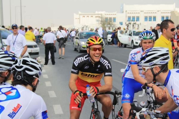 Gilbert shares a joke with his fellow riders