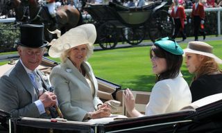 Prince Charles, Prince of Wales, Camilla, Duchess of Cornwall, Princess Beatrice and Princess Eugenie arrive in an open carriage on the first day of Royal Ascot