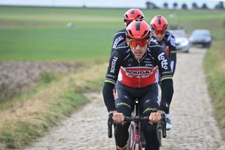 Philippe Gilbert leads his Lotto Soudal teammates across the Paris-Roubaix cobbles in training