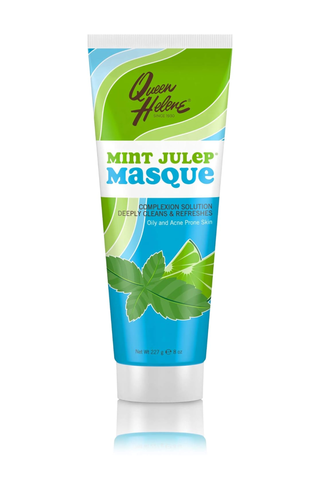 A green and blue tube of Queen Helene Mint Julep Masque set against a white background.