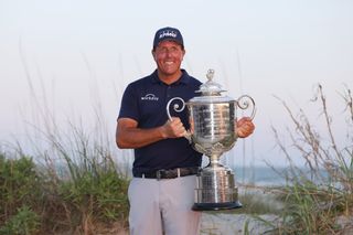 Phil Mickelson of the United States celebrates with the Wanamaker Trophy after winning during the final round of the 2021 PGA Championship held at the Ocean Course of Kiawah Island Golf Resort on May 23, 2021 in Kiawah Island, South Carolina.