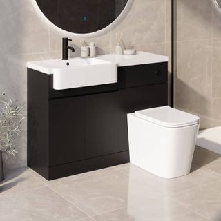 dual sink and toilet vanity unit in black with white sanitaryware