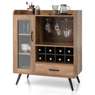 wooden storage cabinet with wine rack and glass cupboard