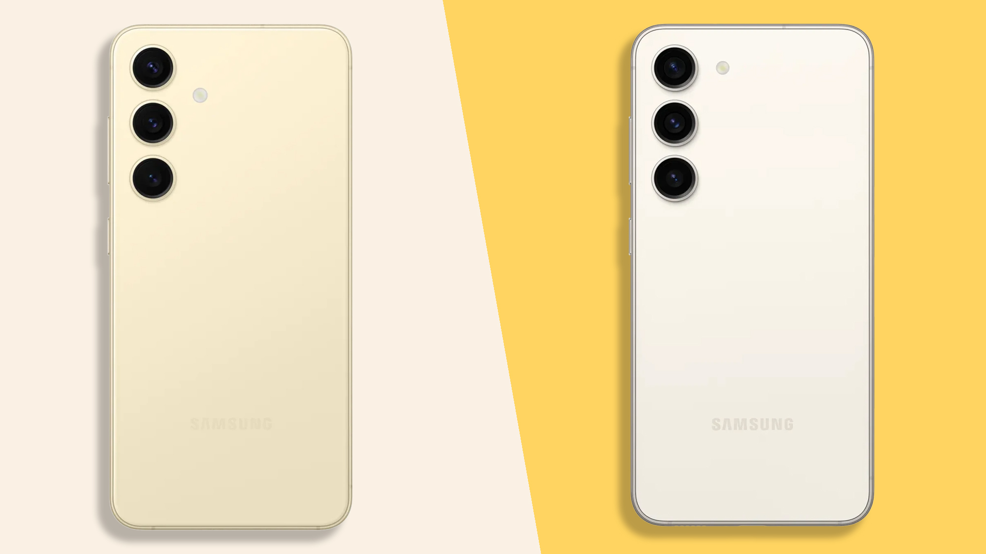 Imagen del Samsung Galaxy S24 frente al Samsung Galaxy S23 con la parte trasera de ambos teléfonos sobre un fondo de dos colores.