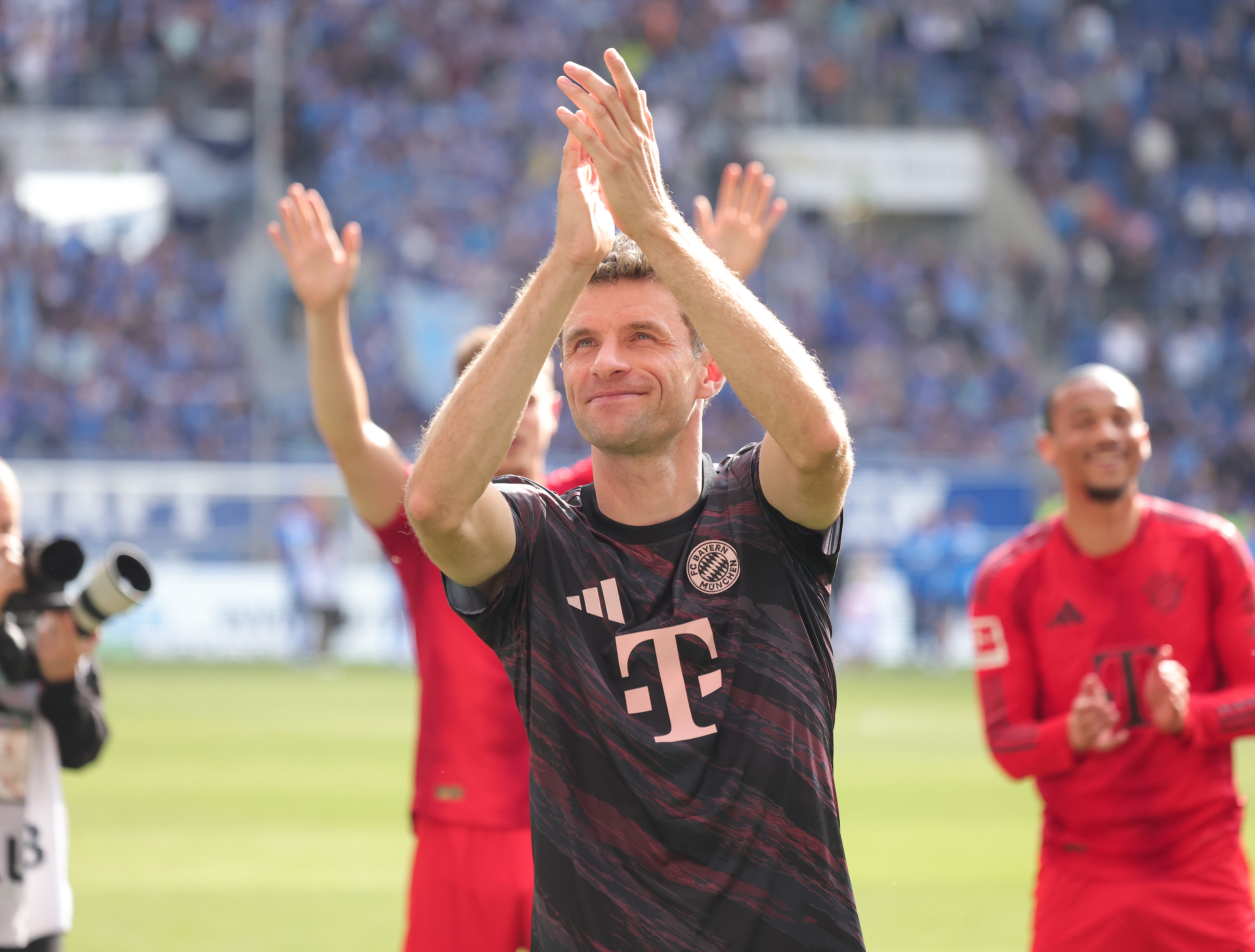 Thomas Muller shows his appreciation to the fans after his final appearance for Bayern Munich, against Hoffenheim in the Bundesliga in May 2025.