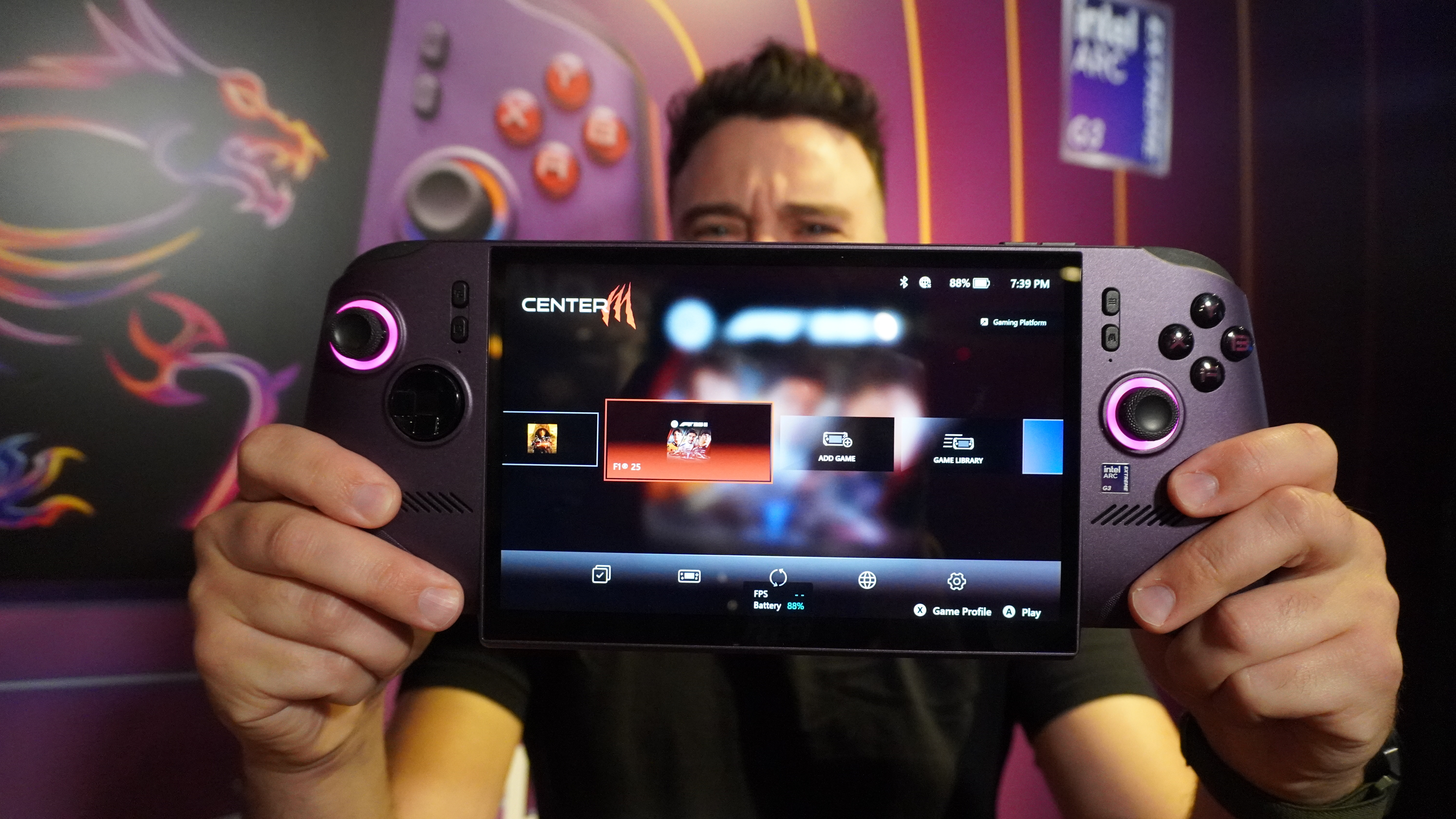 Paul Antill holding the MSI Claw 8 EX AI+ up for the camera at Computex 2026