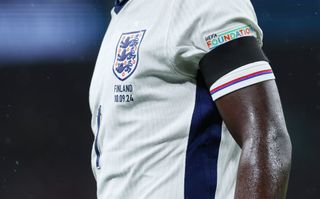 LONDON, ENGLAND - SEPTEMBER 10: Detailed view of a black armband worn in tribute to former England manager Sven-Goran Eriksson, who passed away on 26 August 2024, during the UEFA Nations League 2024/25 League B Group B2 match between England and Finland at Wembley Stadium on September 10, 2024 in London, England. (Photo by Eddie Keogh - The FA/The FA via Getty Images)