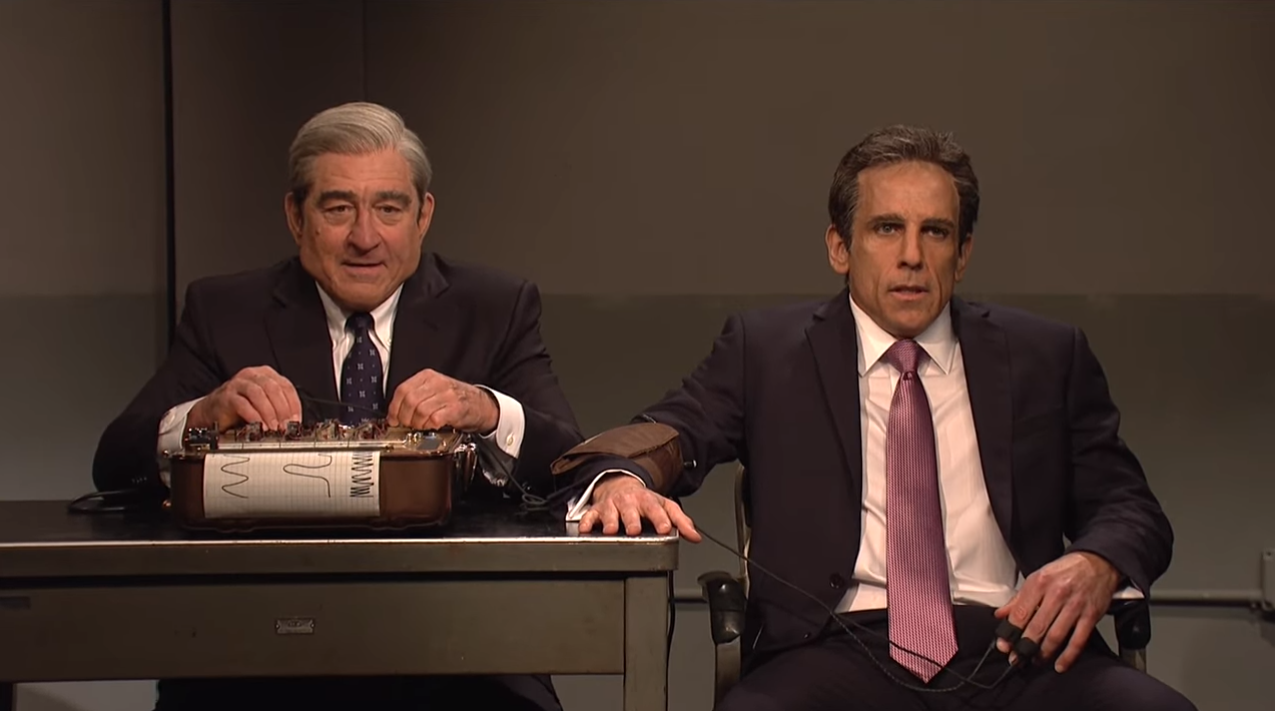 President Donald Trump&amp;#039;s lawyer, Michael Cohen (Ben Stiller), is questioned by Robert Mueller (Robert De Niro) on SNL.