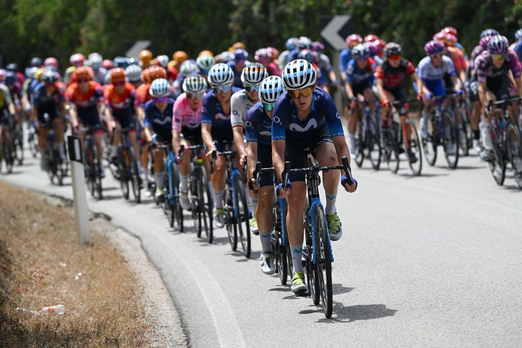 OLBIA ITALY JULY 09 Aude Biannic of France and Movistar Team leads the peloton during the 34th Giro dItalia Donne 2023 Stage 9 a 12685km stage from Sassari to Olbia UCIWWT on July 09 2023 in Olbia Italy Photo by Dario BelingheriGetty Images