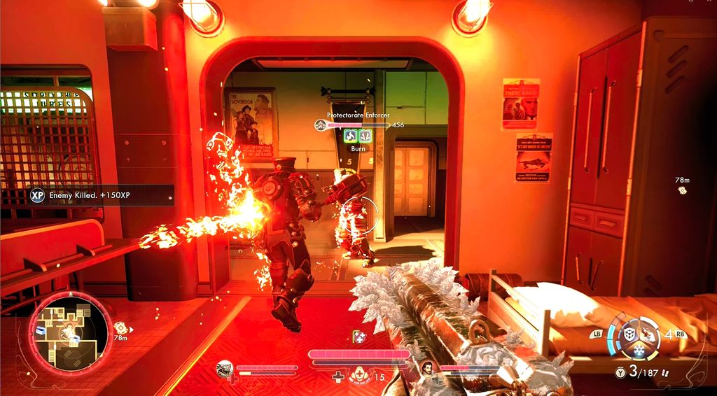 An ice-covered shotgun shooting a man in The Outer Worlds 2