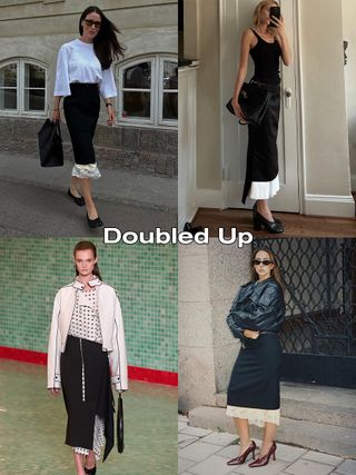 A collage of four double-layer skirt images with the words "doubled up" on it.