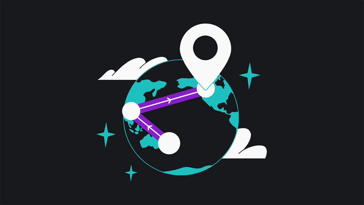 Surfshark FastTrack graphic. There are large connection points and a dropped pin on a blue and black graphic of the Earth. 