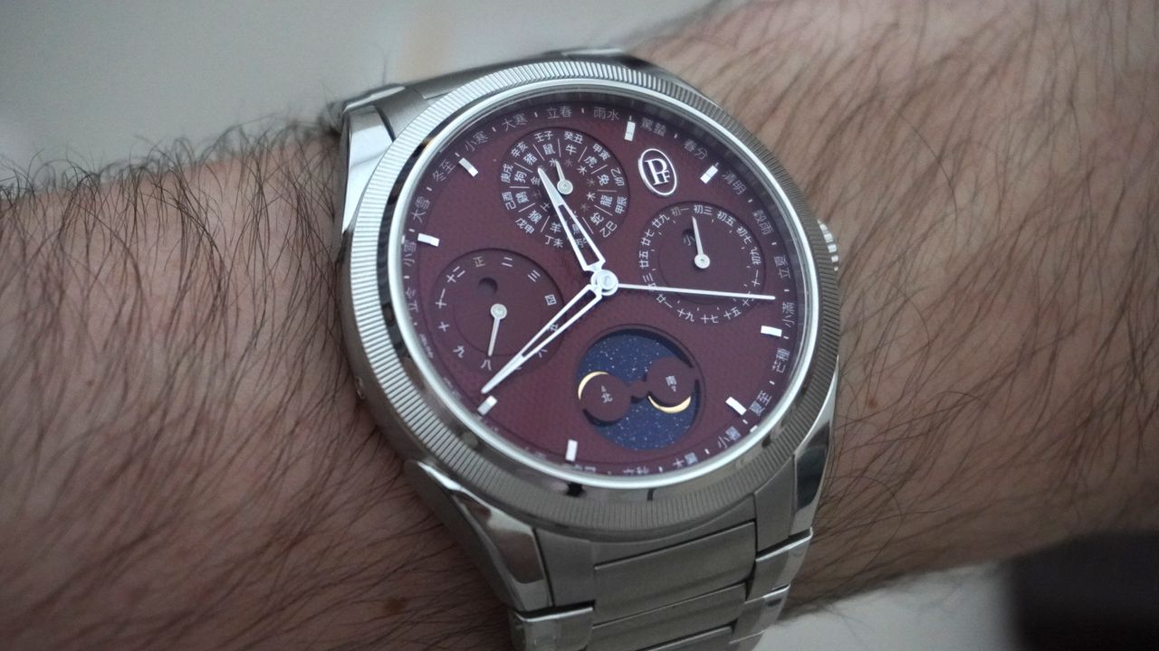 The Parmigiani Fleurier Tonda PF Xiali Calendar worn on the wrist of T3&#039;s Sam Cross at Watches and Wonders 2024