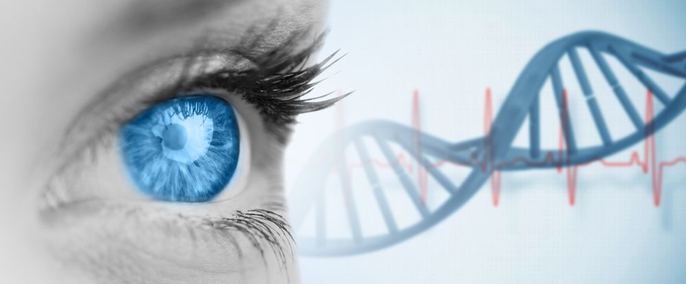 In an artist&#039;s image, woman eye&#039;s a snippet of DNA