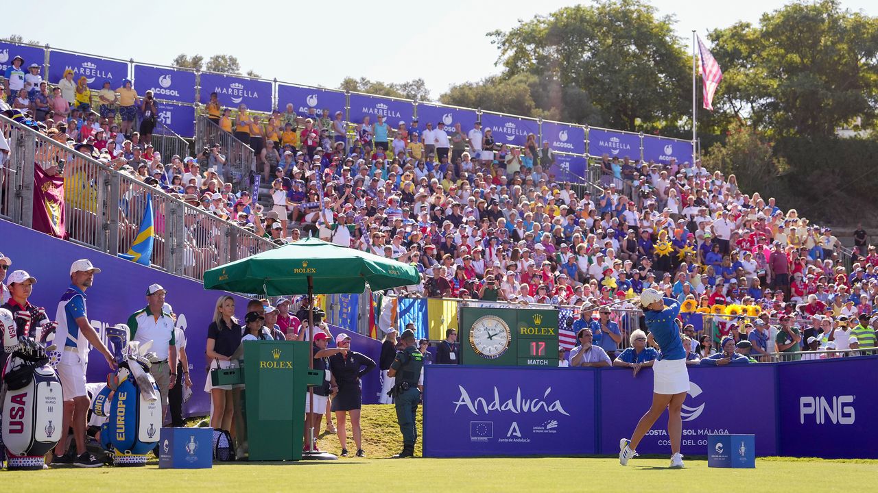 A player hits off the 1st tee at the 2023 Solheim Cup