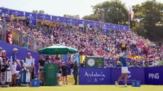 A player hits off the 1st tee at the 2023 Solheim Cup