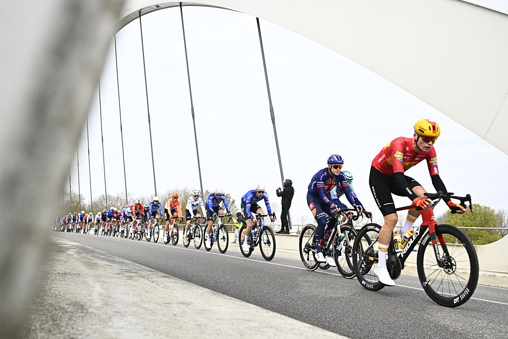 The pack rides during the of riders pictured in action during the men elite race of theen's elite race of the Dwars door Vlaanderen cycling event, 184.6km from Roeselare to Waregem, in Waregem on April 1, 2026. (Photo by JASPER JACOBS / Belga / AFP) / Belgium OUT