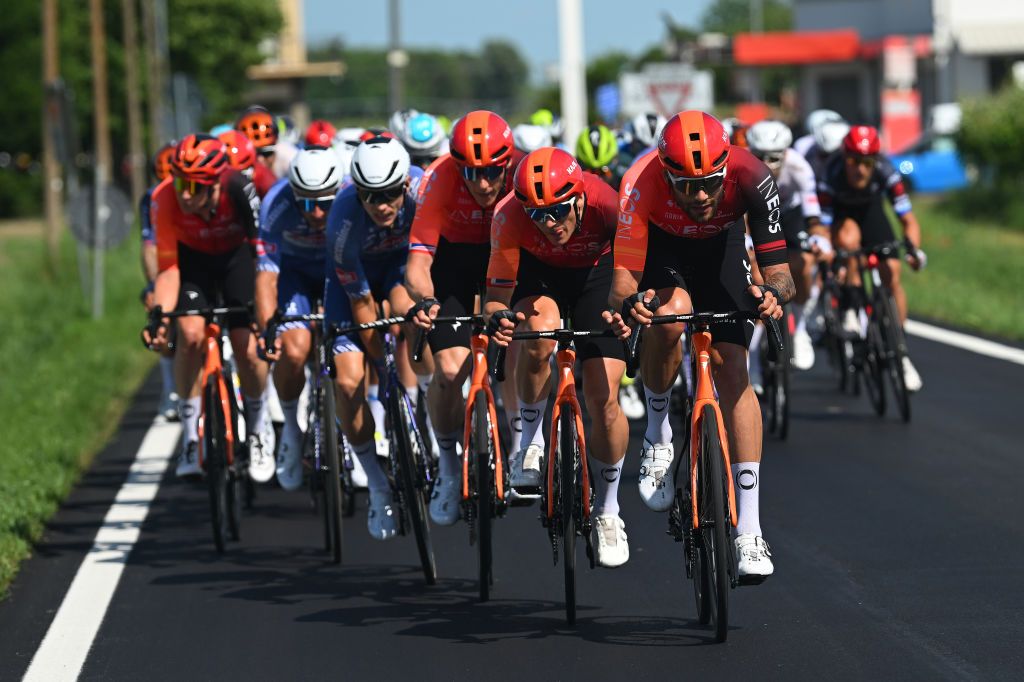 CENTO ITALY MAY 17 LR Ben Swift of The United Kingdom and Filippo Ganna of Italy and Team INEOS Grenadiers lead the peloton during the 107th Giro dItalia 2024 Stage 13 a 179km stage from Riccione to Cento UCIWT on May 17 2024 in Cento Italy Photo by Dario BelingheriGetty Images
