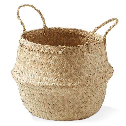 Casafield Seagrass Belly Storage Basket Planter With Handles - Large, Natural Woven Wicker Indoor Plant Pot Cover for Plants and Trees