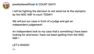 A screenshot of Joost Luiten's Instagram post regarding his court battle with the NOC