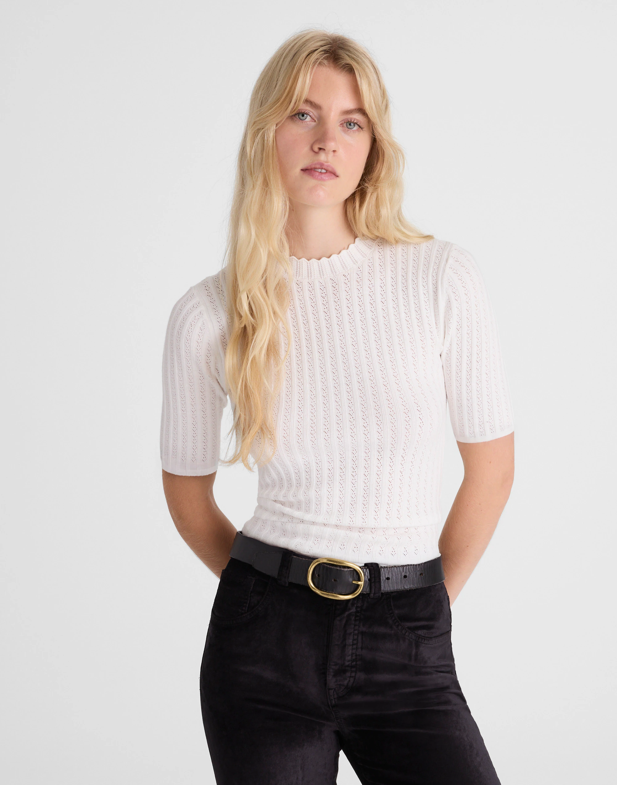 Pointelle-Stitch Mockneck Sweater Tee