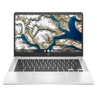 En HP Chromebook 14 visas upp mot en vit bakgrund.