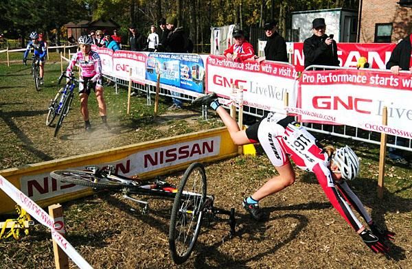 Gesa Bruechmann (Stevens) trips while leading the race.