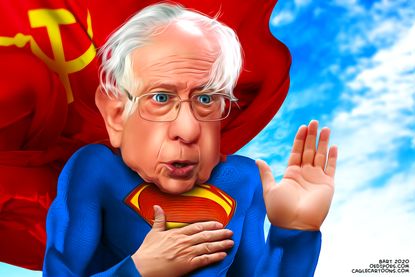 Political Cartoon U.S. Superman Sanders frontrunner 2020 election communism