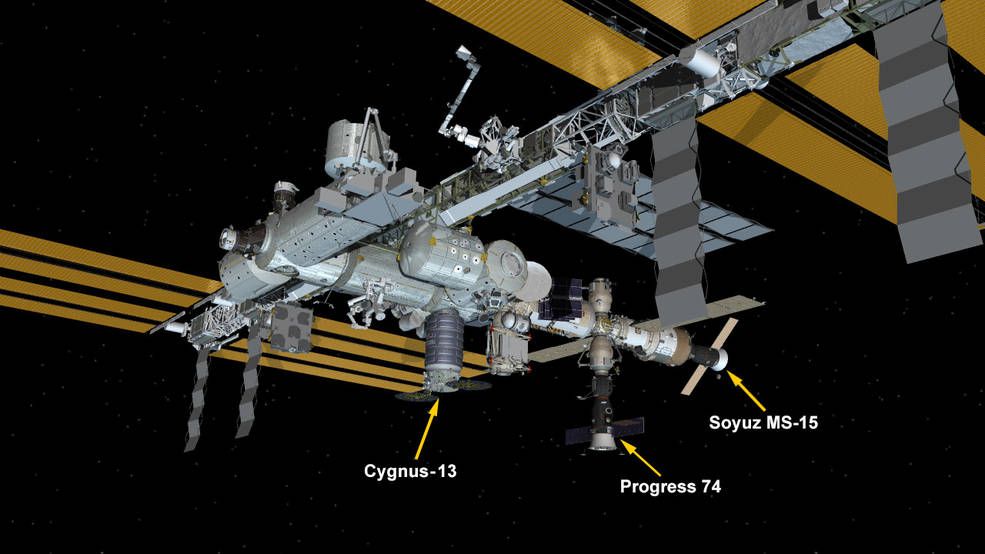 This NASA graphic shows the location of the Cygnus NG-13 cargo ship on the Unity module after its arrival at the International Space Station on Feb. 18, 202. Visiting Russian spacecraft are also shown.