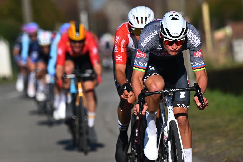 DOUR BELGIUM MARCH 04 Mathieu van der Poel of Netherlands and Team Alpecin Deceuninck attacks in the chase group during the the 57th Ename Samyn Classic 2025 a 1991km one day race from Quaregnon to Dour on March 04 2025 in Dour Belgium Photo by Luc ClaessenGetty Images