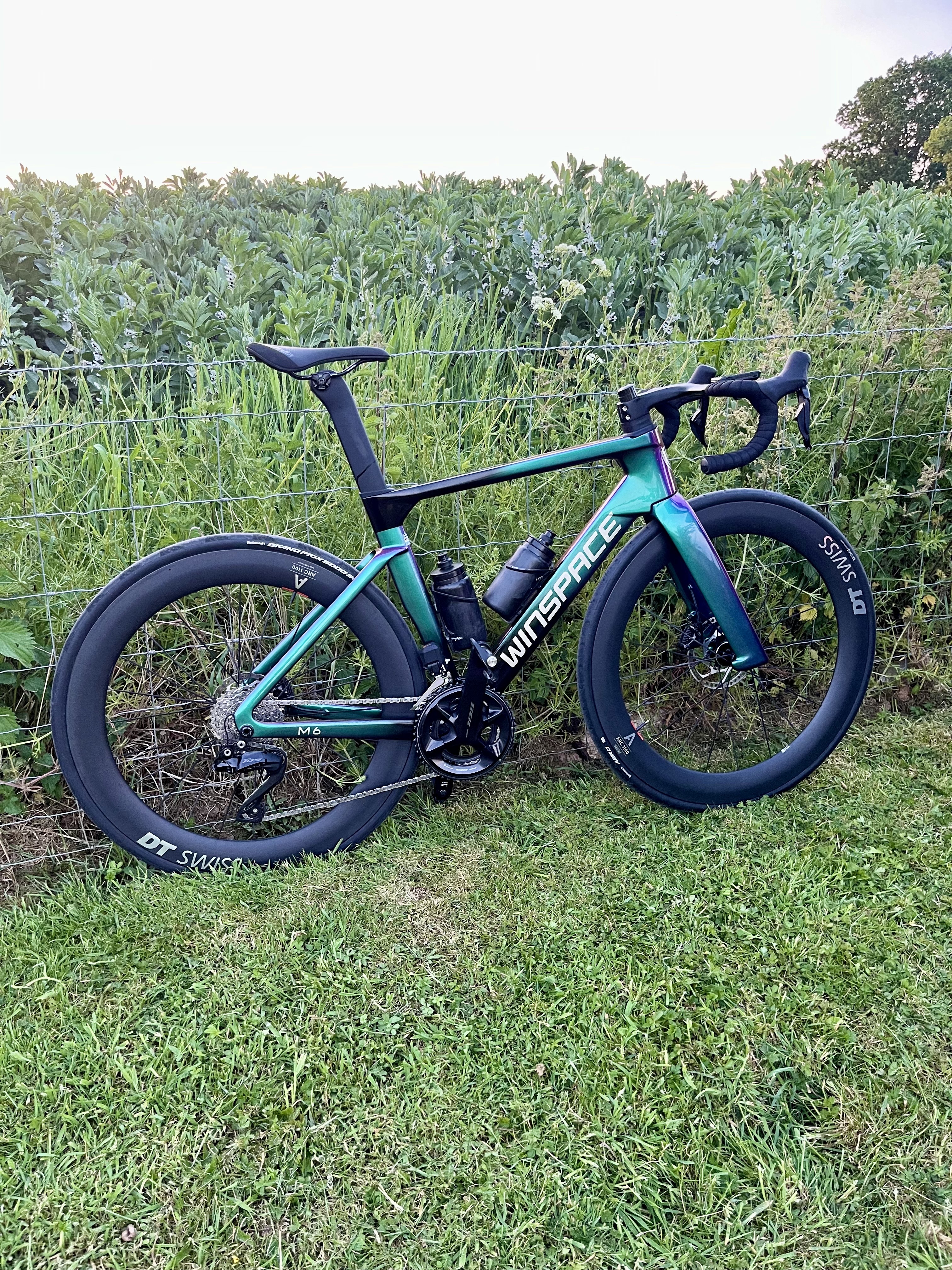 A Winspace M6 leaning against a wire fench in front of a hedge