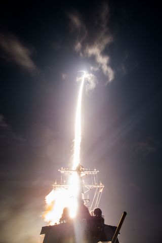 The U.S. Navy launches a Standard Missile-3 Block 2A missile as part of a U.S.-Japan ballistic missile defense test at the Pacific Missile Range Facility at Kauai, Hawaii, Feb. 3 local time.