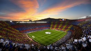 A general view of the tifo display before the UEFA Champions League Semi Final first leg match between Barcelona and Liverpool at the Nou Camp on May 01, 2019 in Barcelona, Spain.